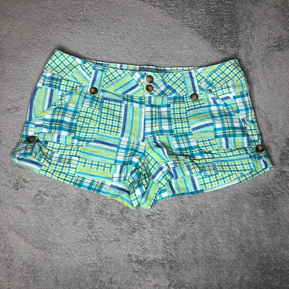 Grane Jeans Blue & Green Plaid Patch Shorts